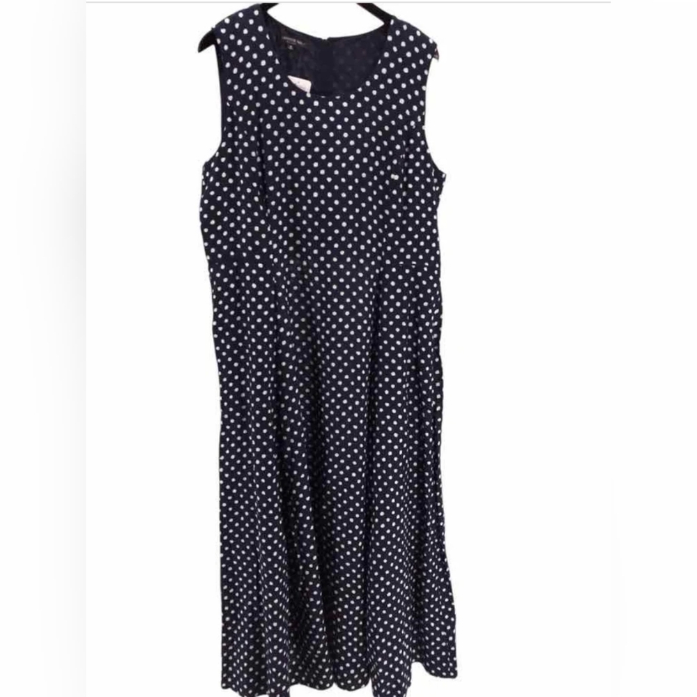 Lafayette 148 New York, Linen Navy Polka Dot Dress, Size 16